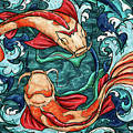 Koi fish couple in waves, two koi fish