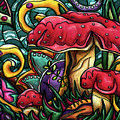 Magic mushrooms painting, colorful mushrooms 
