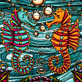 Sea creatures couple painting, colorful seahorses